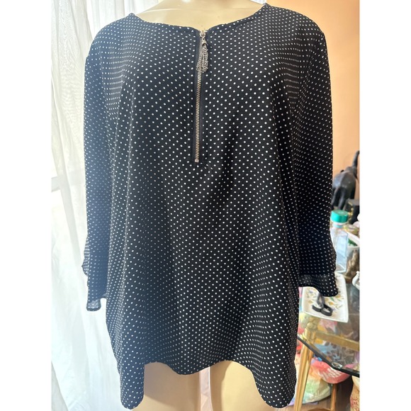Cathy Tops - Cathy Polka‎ Dot Zipper Front Blouse XL Black White Tassel Chain Ruffle Sleeve